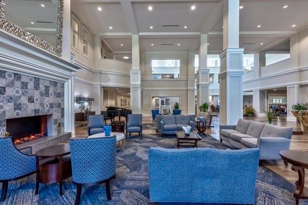 Bright and spacious common area with seating