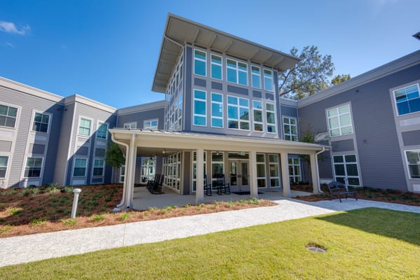 Exterior view of a modern assisted living facility