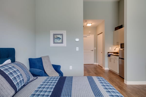 A cozy interior of a private resident room