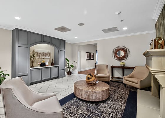 Interior view of a modern common area with seating