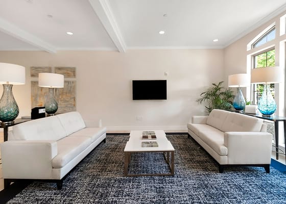 Bright common area with sofas and lamps