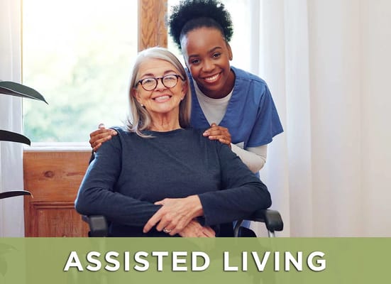A caregiver assisting a senior resident in a warm interior space