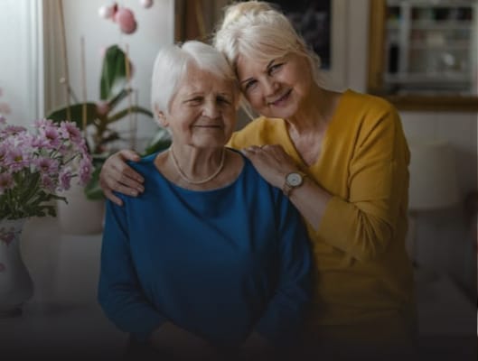 Two women smiling together in a cozy indoor setting