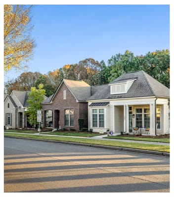 Sunny exterior view of residential-style senior living homes