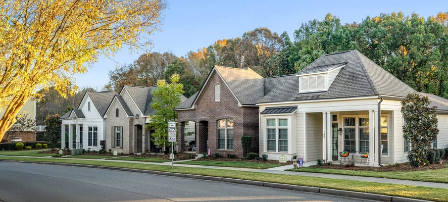Exterior view of residential buildings in a senior living community