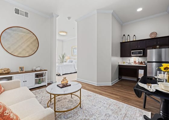 Interior view of a resident room with kitchenette