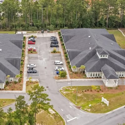 Aerial view of the assisted living facility and parking area