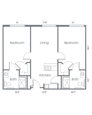 Architectural floor plan of a two-bedroom unit