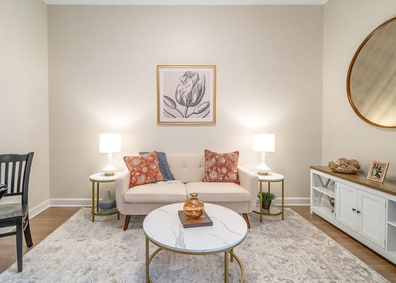 Cozy interior lounge area with artwork and furnishings