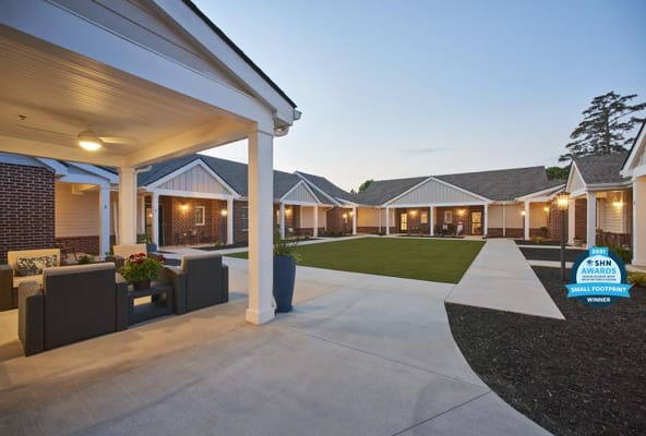 Outdoor courtyard with seating and garden area
