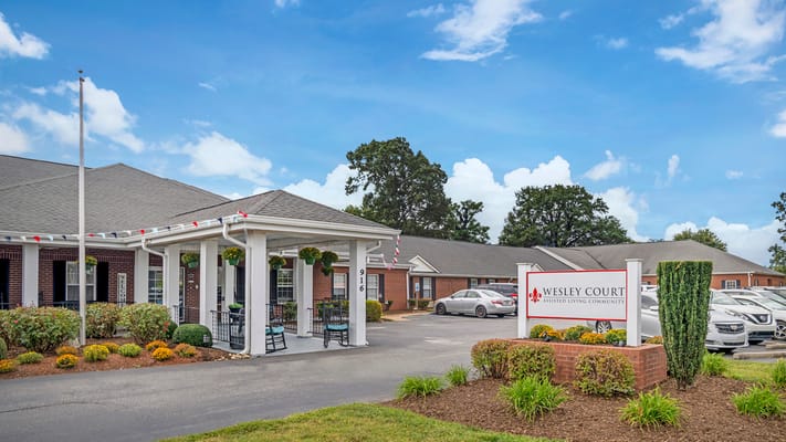 Exterior view of Wesley Court Assisted Living Community entrance