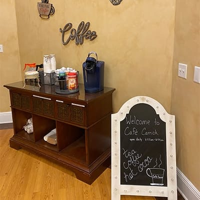 Coffee station in the common area of Café Carrick