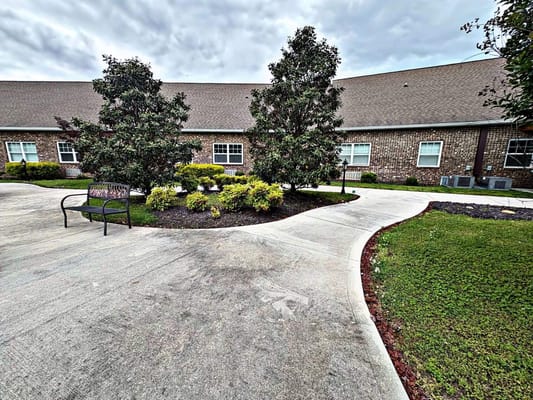 Scenic courtyard with benches and shrubs
