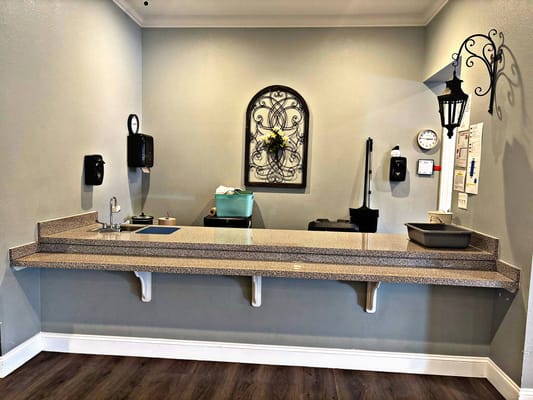 Interior view of a reception area with a counter