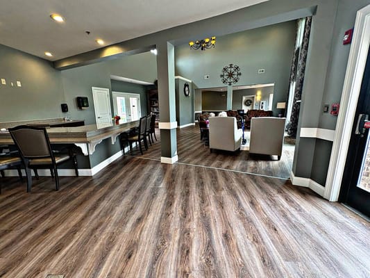 Interior view of a common area with seating