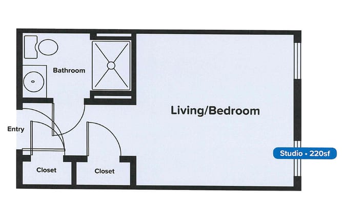 Architectural floor plan of a studio apartment