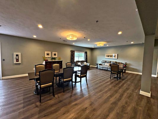 Interior of a common area with seating and tables