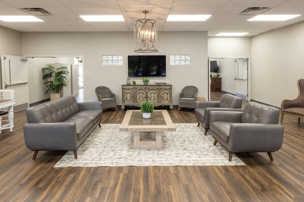 Modern interior common area with seating and decor