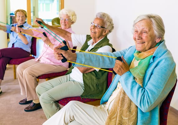Seniors participating in a seated exercise class