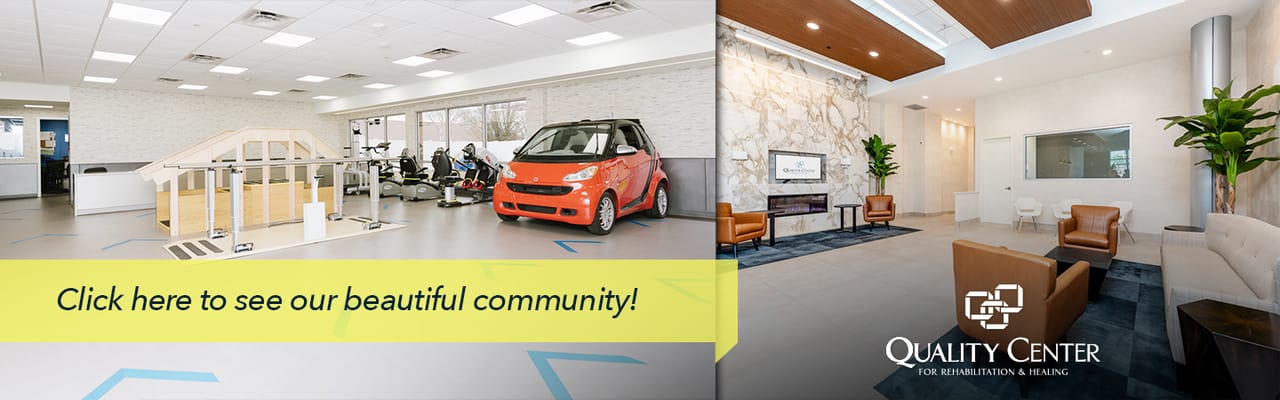 Interior view of a modern facility lobby with logo