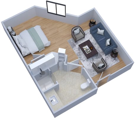3D floor plan of a comfortable studio apartment