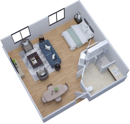 3D layout of a one-bedroom apartment in assisted living