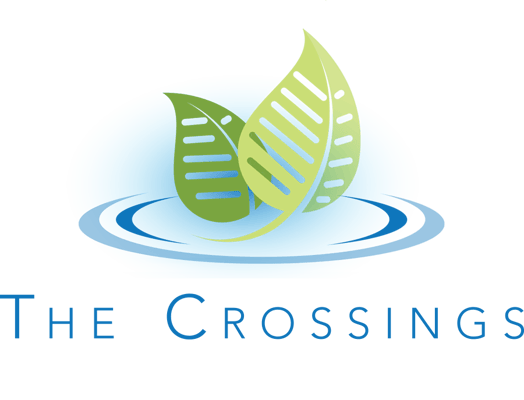 Logo of The Crossings, leaf design on blue background