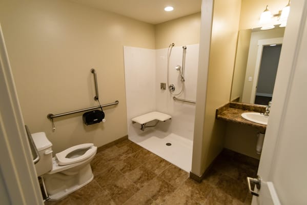 Accessible bathroom facility with grab bars and shower