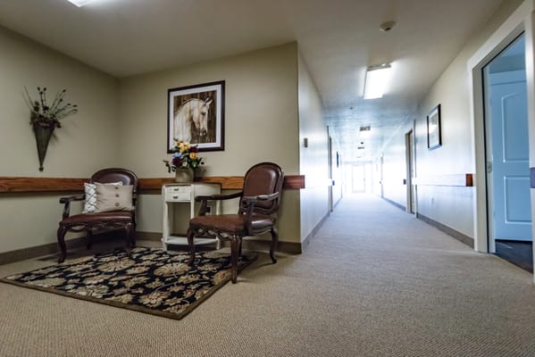 Interior hallway with seating and decorations