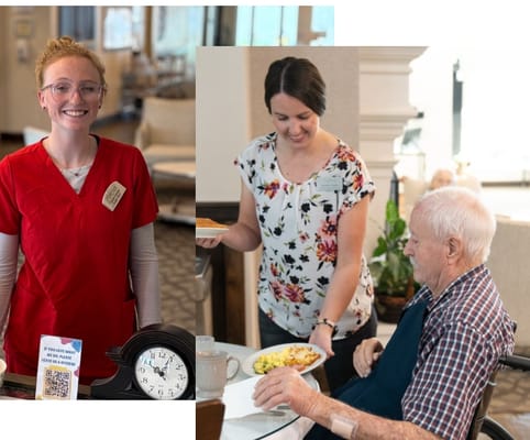 Staff serving food to a resident in a common area