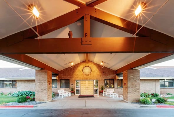 Entrance of South Ogden Post Acute with wooden beams