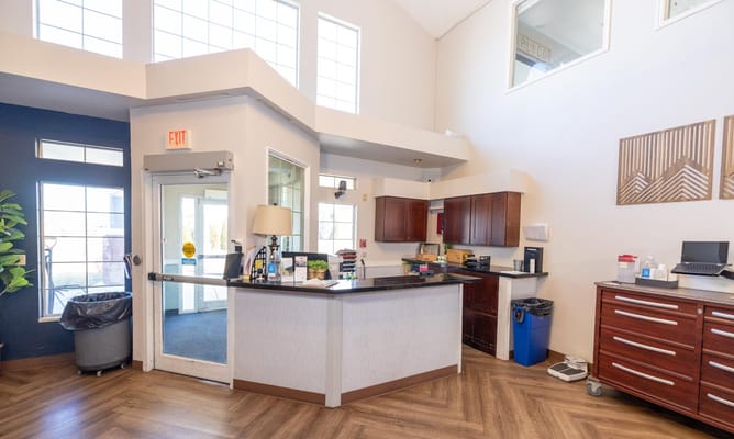 Bright reception area of a senior living facility