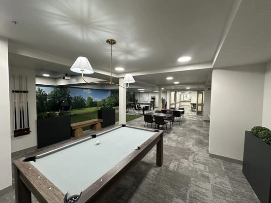 Interior view of a recreation room with a pool table
