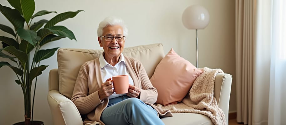 Senior resident smiling with a coffee cup in a cozy living room
