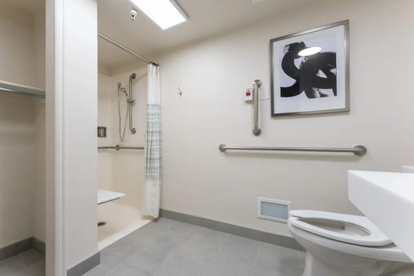 Accessible bathroom with grab bars and shower