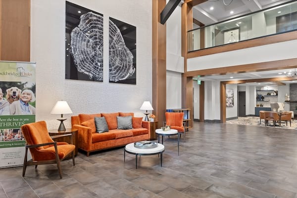 Interior lobby of a nursing home facility with seating