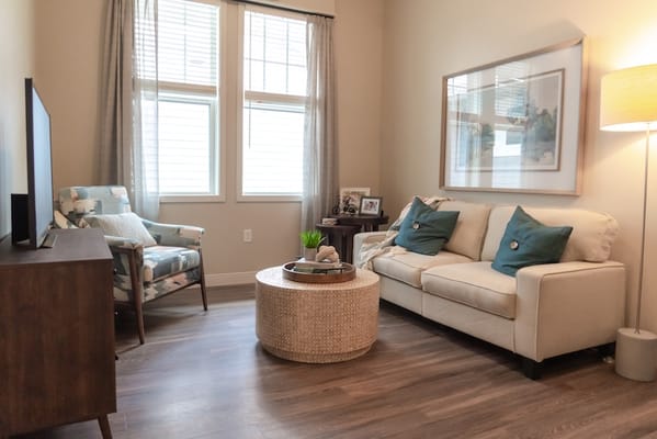 Cozy interior of a resident living room with light decor