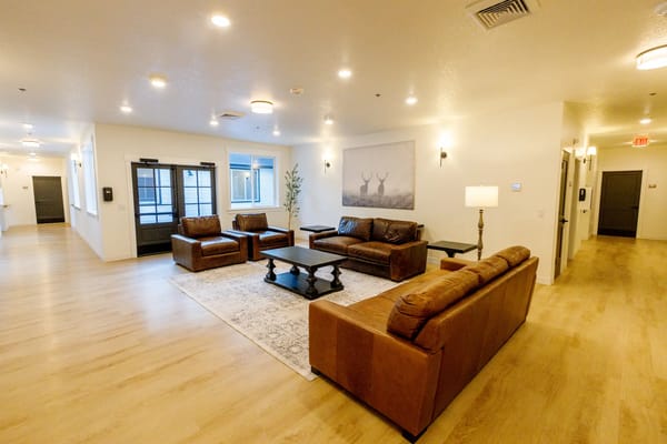 Bright and inviting common area with seating