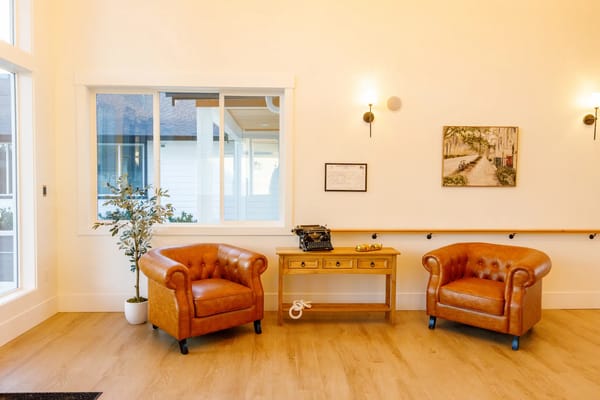 Cozy lounge area with two leather chairs and decor