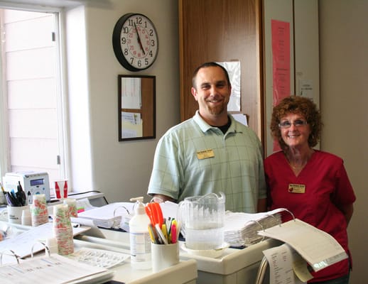 Staff members at a nursing facility reception area