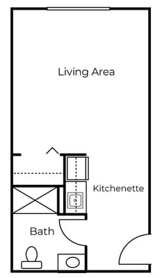 Architectural floor plan of a living area and kitchenette
