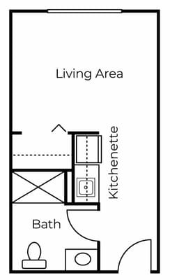 Floor plan of a living area with kitchenette and bathroom