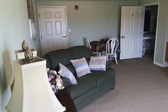 Cozy living room area with sofa and table