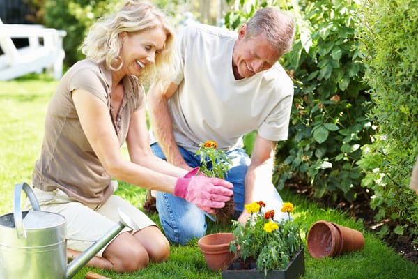 Two residents planting flowers in a garden