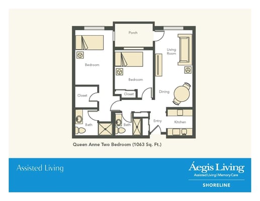 Floor plan of a two-bedroom assisted living unit