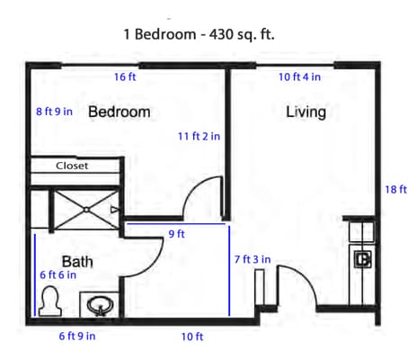 Architectural floor plan of a one-bedroom unit