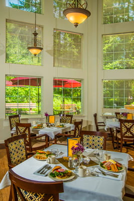 Dining room with beautifully arranged meals and outdoor view