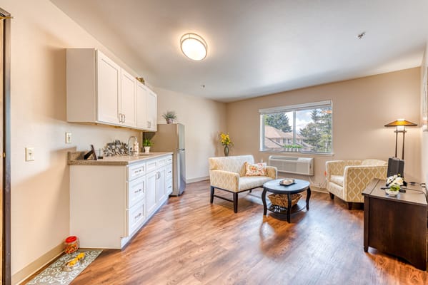 Comfortable private resident room in an assisted living facility