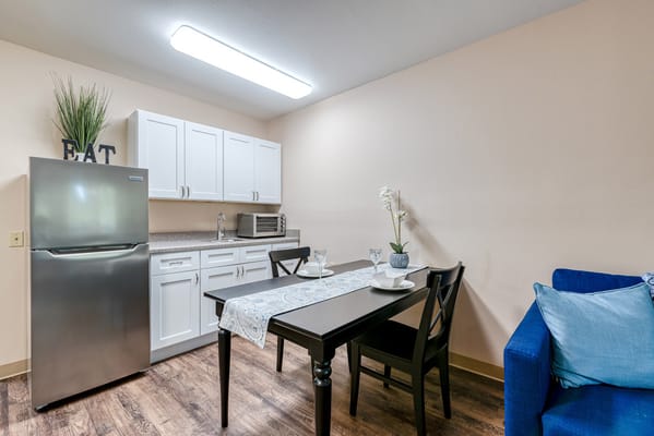 Bright interior of a resident's kitchenette