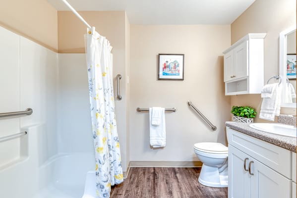 Brightly lit bathroom with modern fixtures